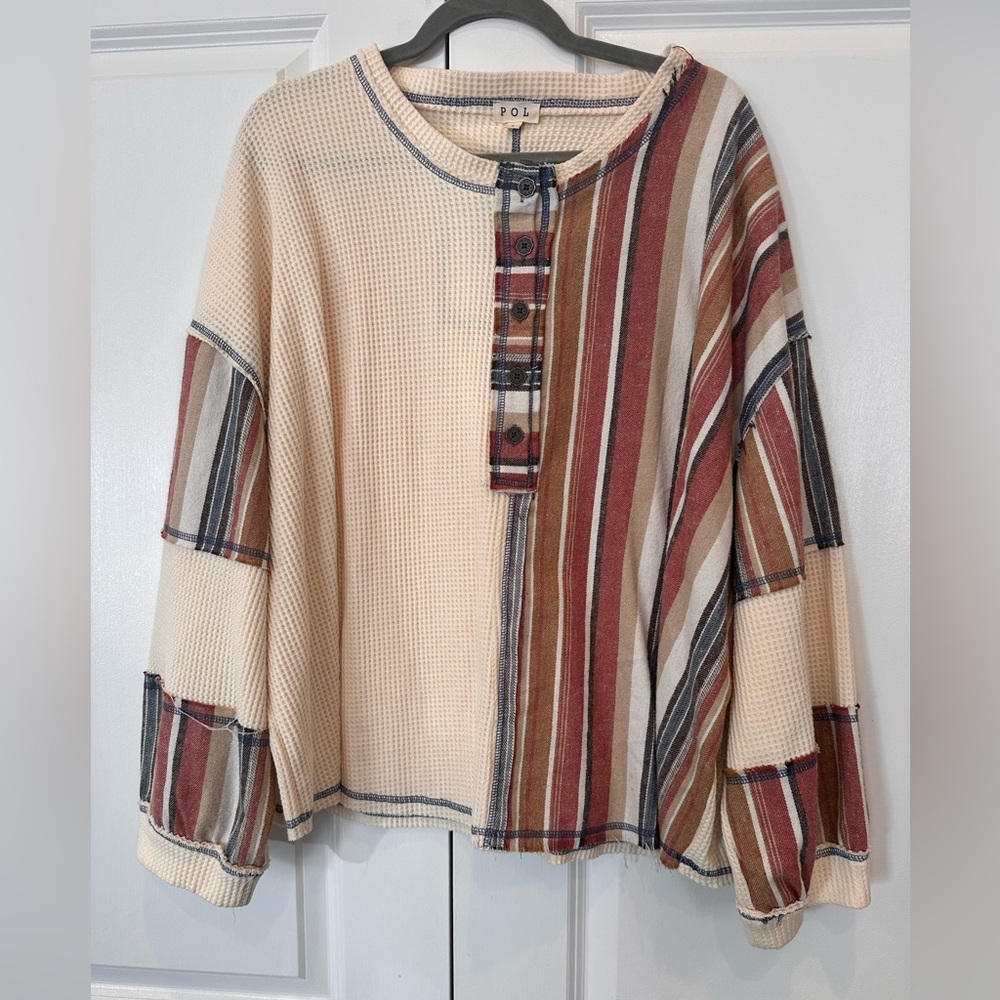 POL Cream, Red, and Blue Textured Top